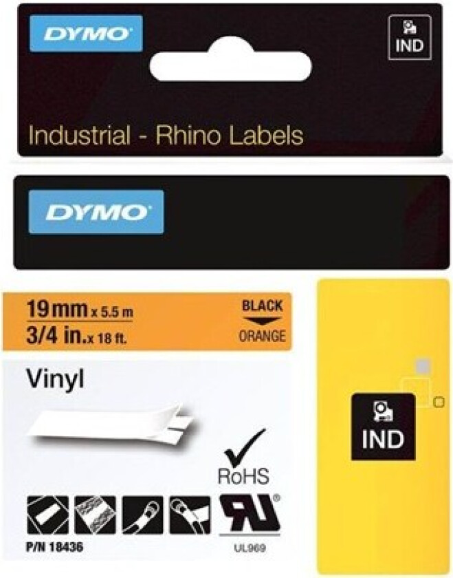 Dymo Tape Rhinopro Permanent Vinyl 19mm Svart/oransje