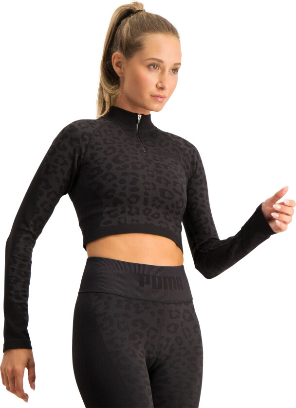 FormKnit Seamless Cropped 1/4 Zip, treningsgenser, dame  Black-leopard P