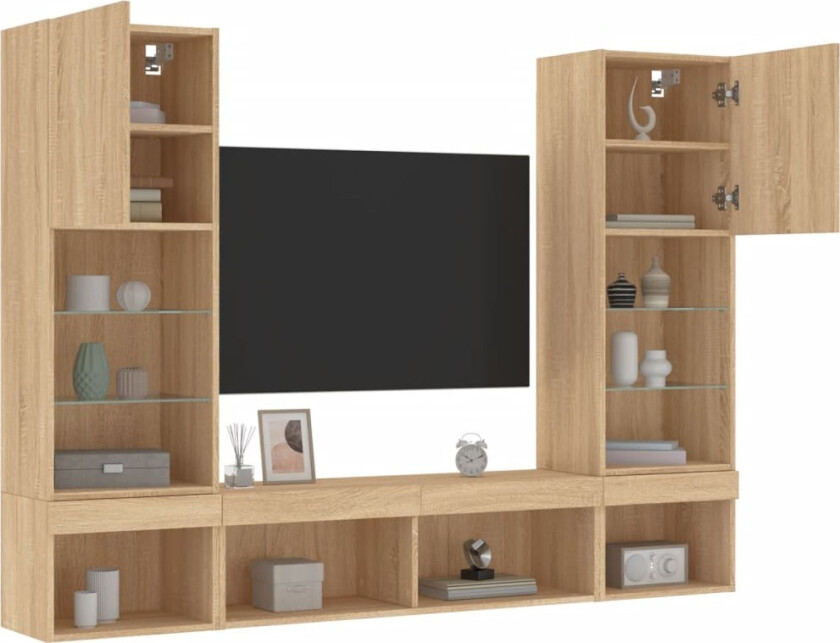 Vegghengte TV-enheter med LED 5 deler sonoma eik konstruert tre