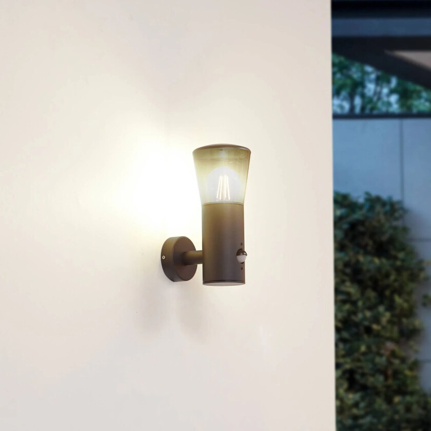 utendørs vegglampe Heulo, Ø 10,5 cm, røykgrå, sensor