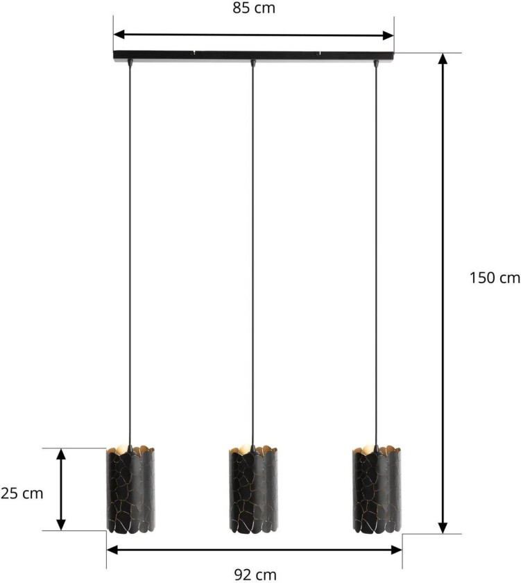 pendellampe Aralena, svart/gull, 3-lys, metall