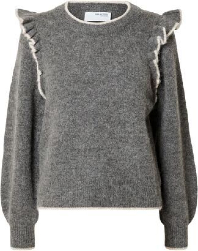 Alva Frills Ls Knit O-Neck - Medium Grey Melange/Birch XL