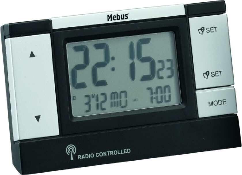 Mebus 51059, Digital Vekkerklokke, Sort, Sølv, 12/24H, Lcd, 2 Linjer, Batteri