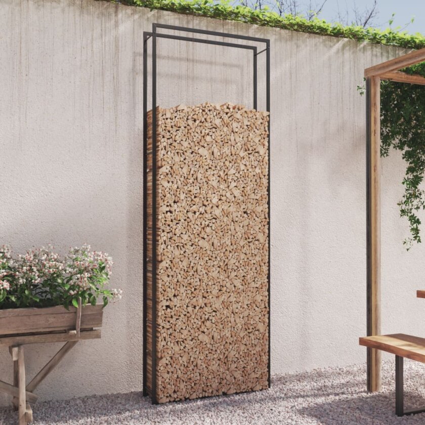 Vedstativ matt svart 110x28x312 cm stål