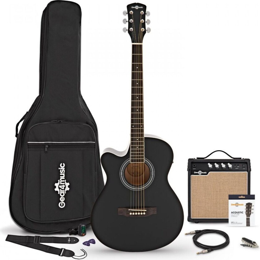Gear4Music Single Cutaway Left Handed Electro Acoustic Guitar Black 15W Acoustic Amp & Accessory Pack