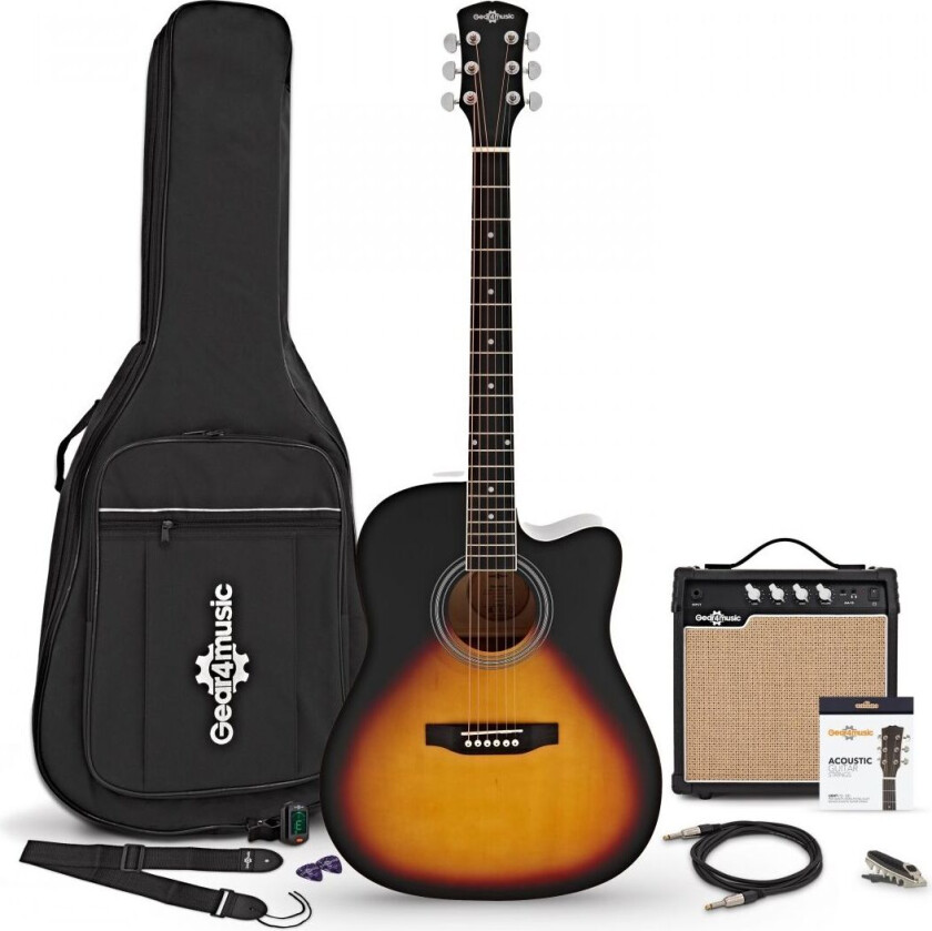 Gear4Music Dreadnought Cutaway Electro Acoustic Guitar Sunburst 15W Acoustic Amp & Accessory Pack