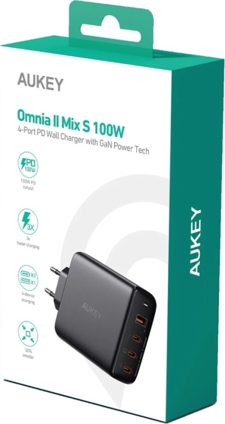 Vegglader Aukey Pa-B7s, 1Xusb-A, 3Xusb-C, 100W Gan (Svart)