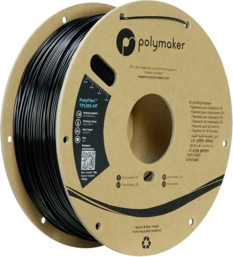 Polymaker Pd03001 Tpu95-Hf Filament Tpu, Fleksibelt Glødetråd Fleksibel, Uv-Bestandig, Highspeed Filament 1.75 Mm 1000 G Sort Polyflex™ 1 Stk