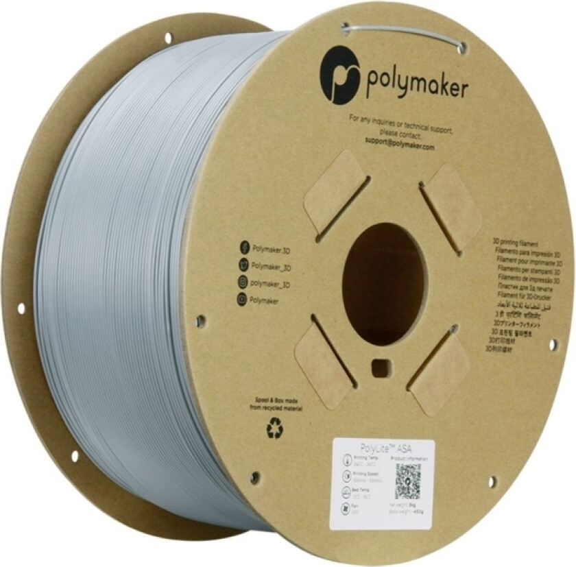 Polymaker Pf01023 Grey Filament Asa Uv-Bestandig, Vejrbestandig, Varmebestandig, Slagfast 1.75 Mm 3000 G Grå Polylite™ 1 Stk