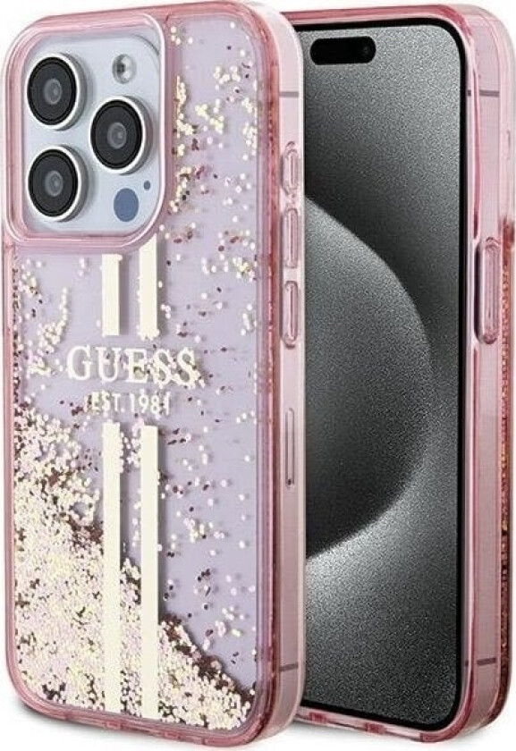 Originalt Frontpaneldeksel Guess Guhcp15xlfcsegp For Iphone 15 Pro Max (Flytende Blanke Gullstriper/Rosa)