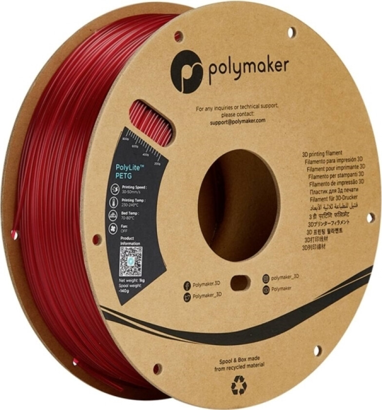 Polymaker Pb01031 Filament Petg Varmebestandig, Høj Grad Af Trækstyrke 1.75 Mm 1000 G Rød (Translucent) Polylite™ 1 Stk