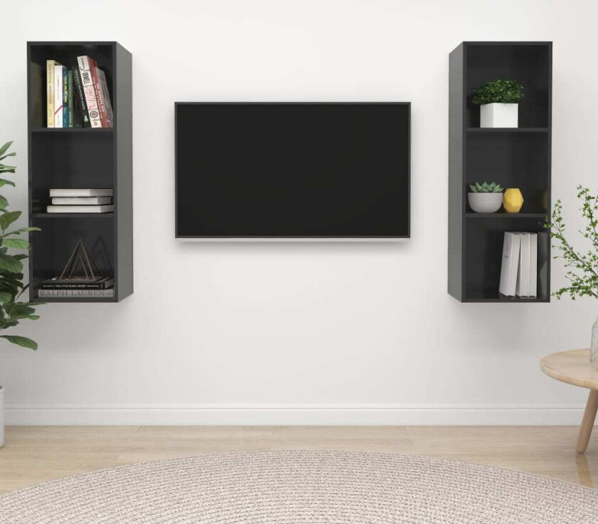 Vegghengte TV-benker 2 stk høyglans grå sponplate