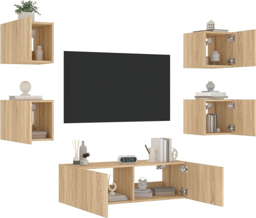 Vegghengte TV-benker med LED 5 stk sonoma eik