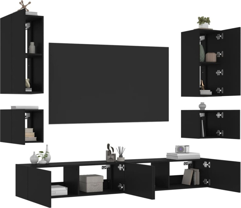 Vegghengte TV-benker med LED 6 stk svart