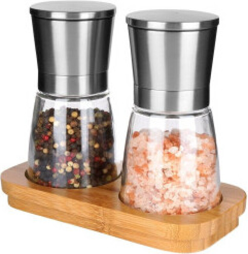 Sett med salt- og pepperkvern på bambusstativ