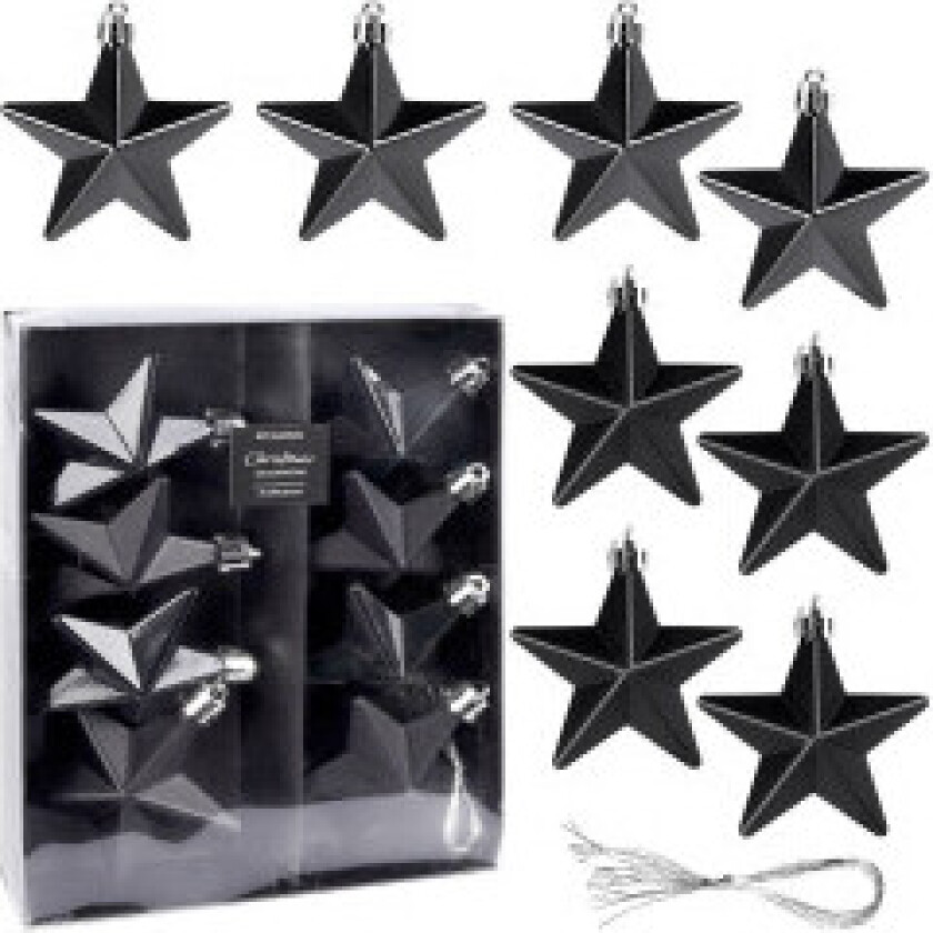 Sorte stjerneformede juletrekuler, 8-pakning, 6,5 cm