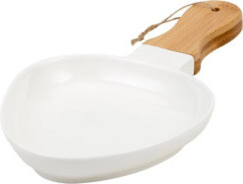 Praktisk serveringsfat med håndtak i porselen og bambus