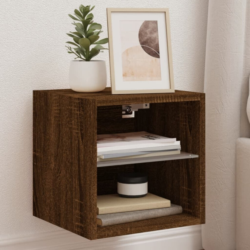 Vegghengt TV-benk med LED 2 stk brun eik 30x28,5x30 cm