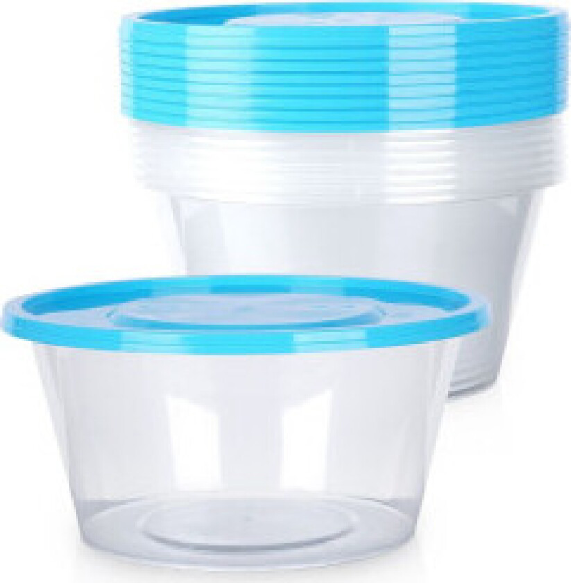 Matboks 650 ml - Sett med 10 stk, Rund, Gjennomsiktig, Blått lokk