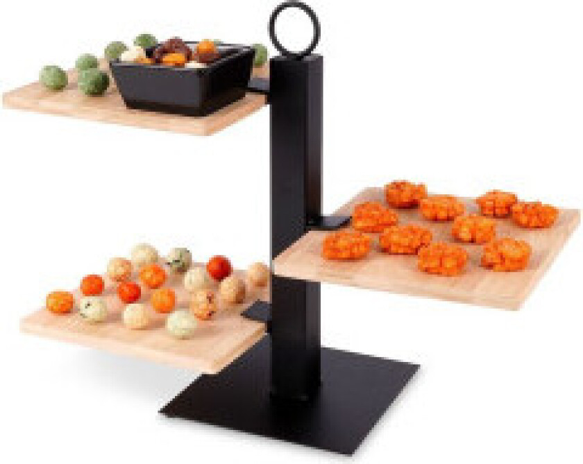 Tre-lags kakefat i tre og metall med bolle - 32x26,5 cm