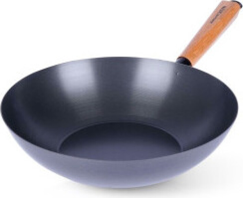 Dyp wok i karbonstål med non-stick og trehåndtak