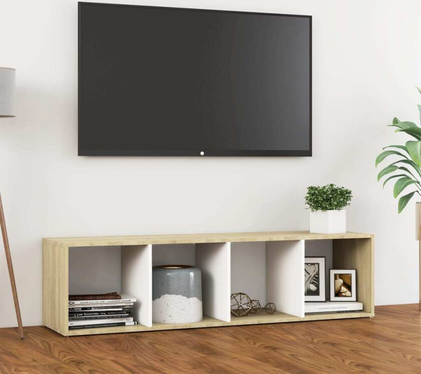 TV-benk hvit og sonoma eik 142,5x35x36,5 cm sponplate