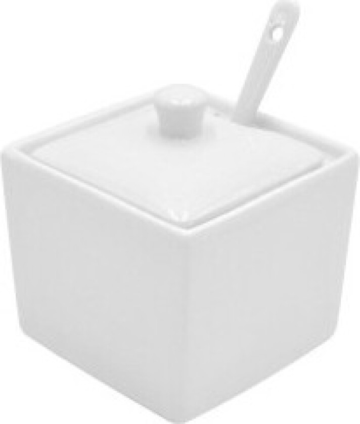 Elegant sukkerskål i hvit porselen med skje