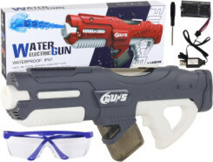 Stort grått 750 ml vannpistol med batteri og briller