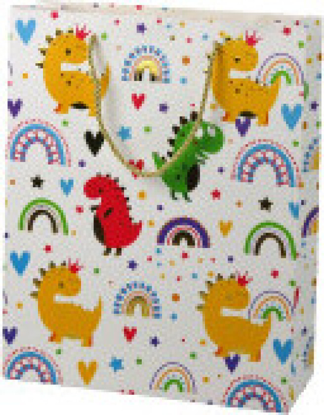 Fargerik Dinosaur Rainbow gavepose, 32x26x10 cm