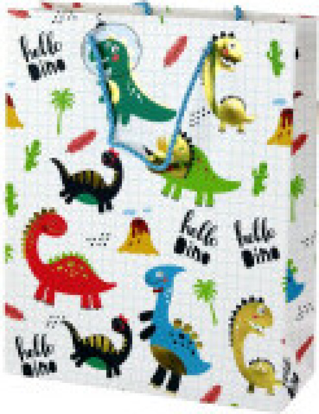 Gavepose med dinosaurtema: Hvit, blårutete, 32x26x10 cm