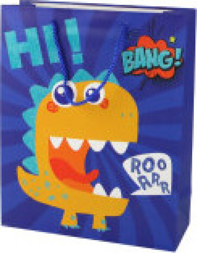 Blå Dinosaur Glitter Gavepose, 32x26x10cm