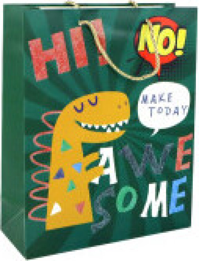 Grønn Dinosaur Glitter Gavepose - 32cm x 26cm x 10cm