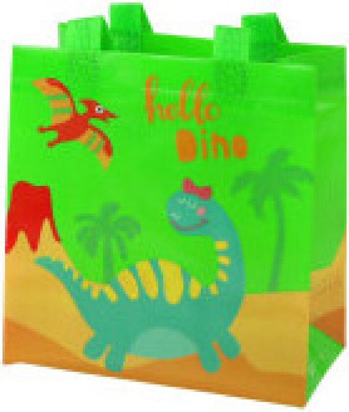 Grønn gavepose med dinosaur-tema - 23 cm x 21,5 cm x 11 cm