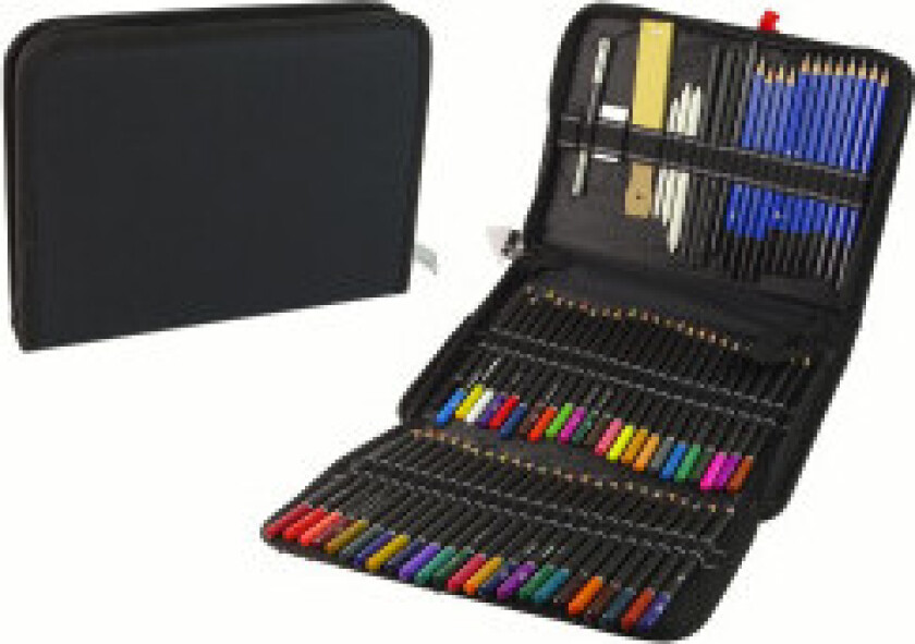 95-delers kunstnersett: fargestifter, blyanter og verktøy i pennal