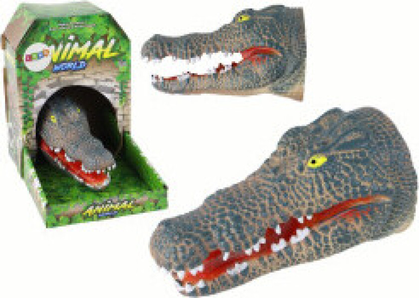 Realistisk grå krokodille hånddukke med gule øyne