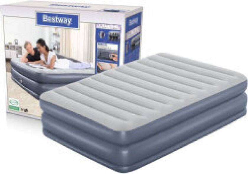 Oppblåsbar madrass med innebygd pumpe, 203x152x51cm, myk flokket