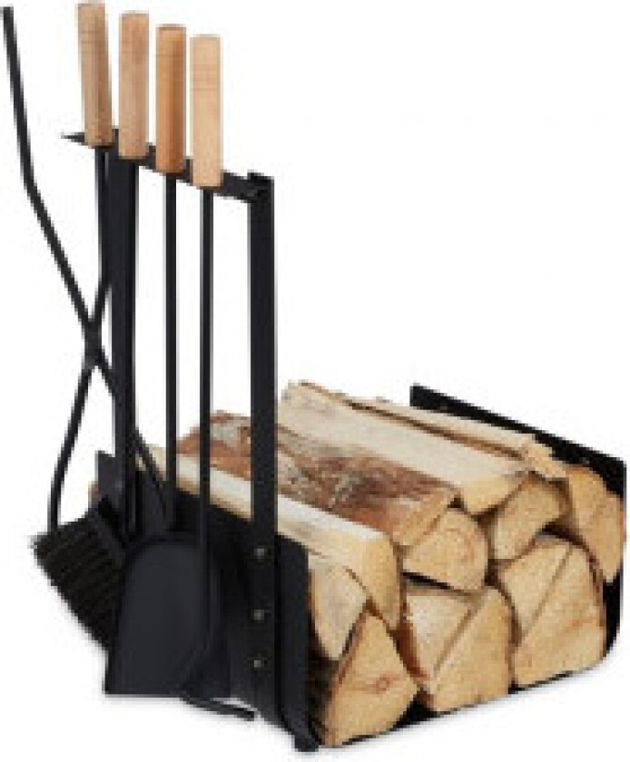 Vedkurv i metall med komfyrverktøy