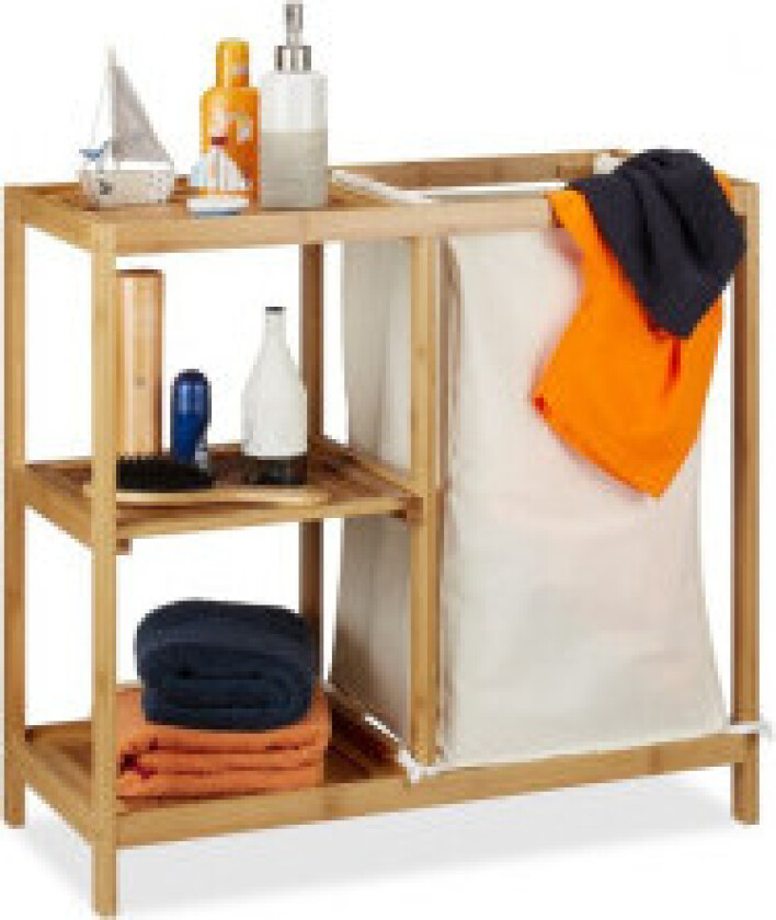 Baderomshylle med bambus skittentøyskurv