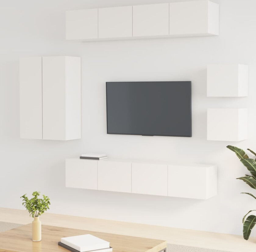 TV-benksett 8 deler høyglans hvit konstruert tre