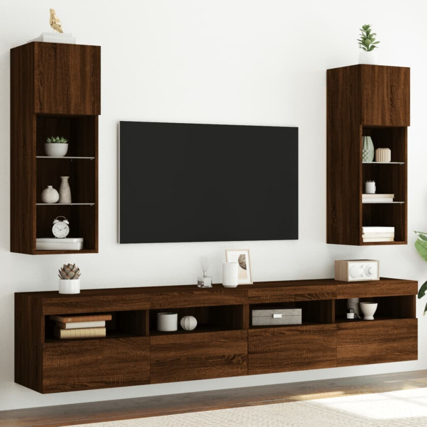 TV-benker med LED-lys 2 stk brun eik 30,5x30x90 cm