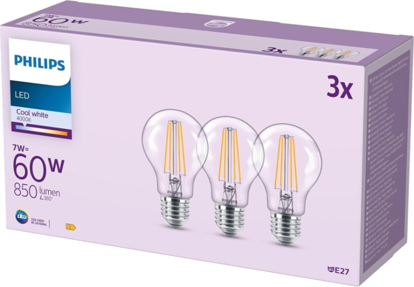 LED-lyspære Classic 7W/827 (60W) Clear 3-pack E27