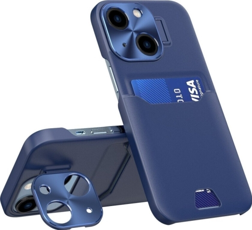 Leather Stand Case For Iphone 14 Plus, Kort Lommebokdeksel Med Stativ, Blå