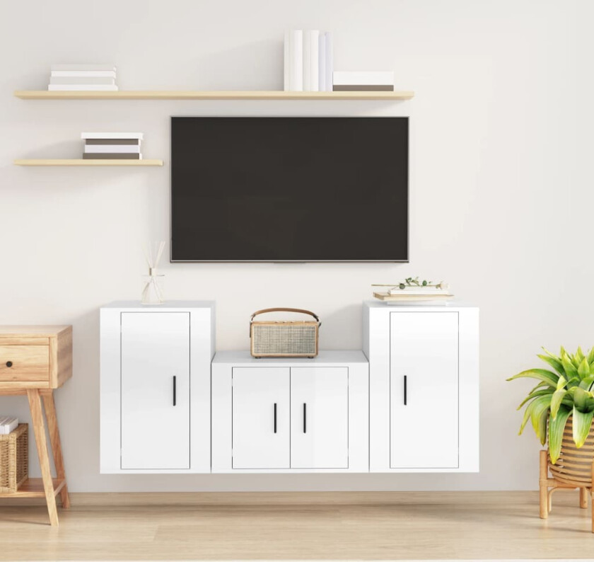 TV-benksett 3 deler høyglans hvit konstruert tre