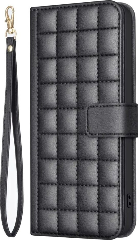 iPhone 16 Rutete Kunstskinn Flip Deksel med Lommebok og Stropp - Svart
