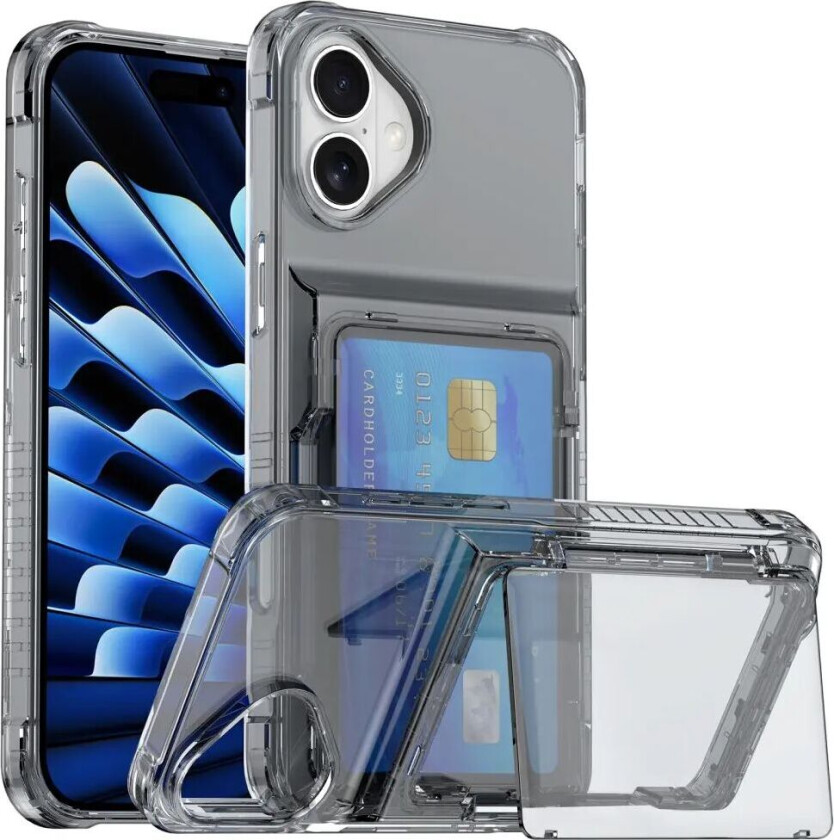 iPhone 16 Plus Hybrid Plastdeksel med Kortholder - Gjennomsiktig Svart