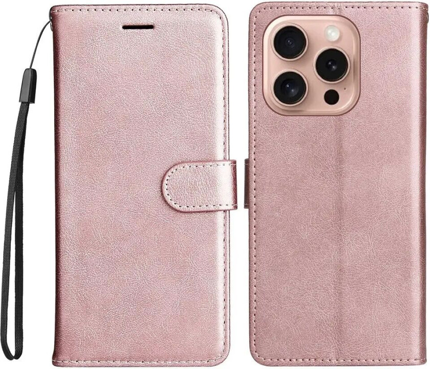 iPhone 16 Pro Deksel i Kunstskinn med Lommebok og Stropp - Rose Gold