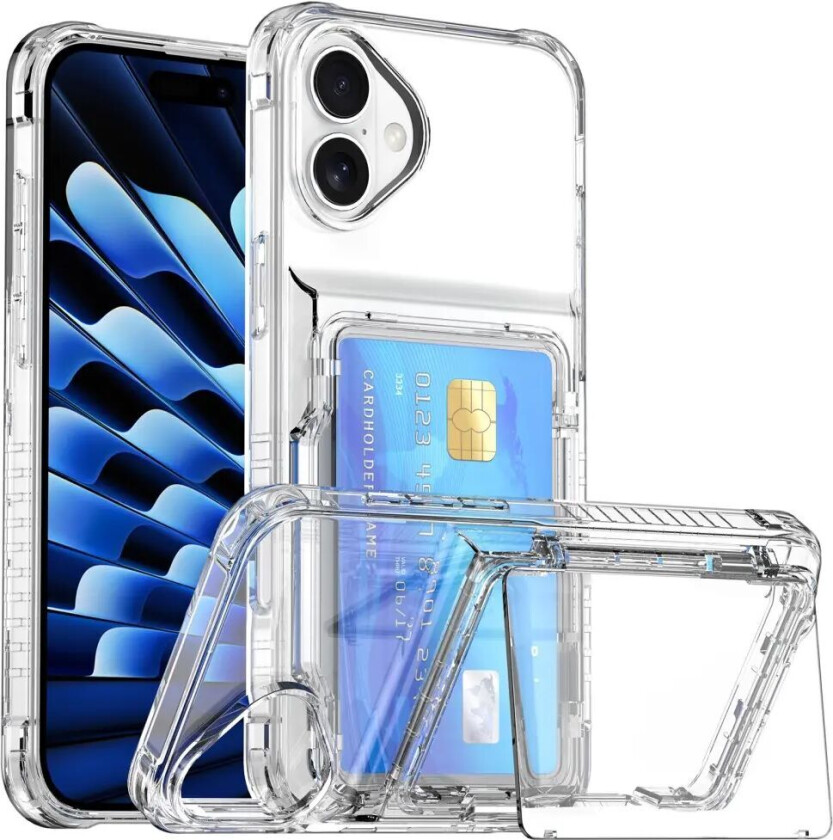 iPhone 16 Plus Hybrid Plastdeksel med Kortholder - Gjennomsiktig