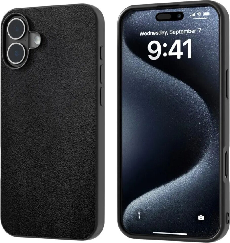iPhone 16 Kunstskinn Belagt Plast Deksel - Svart