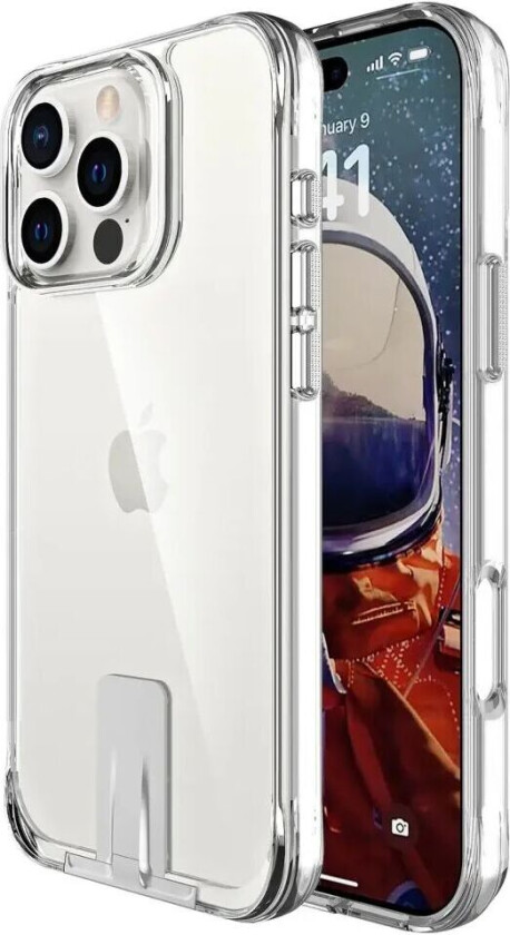 iPhone 16 Pro Hybrid Plastdeksel m. Kickstand - Gjennomsiktig / Sølv