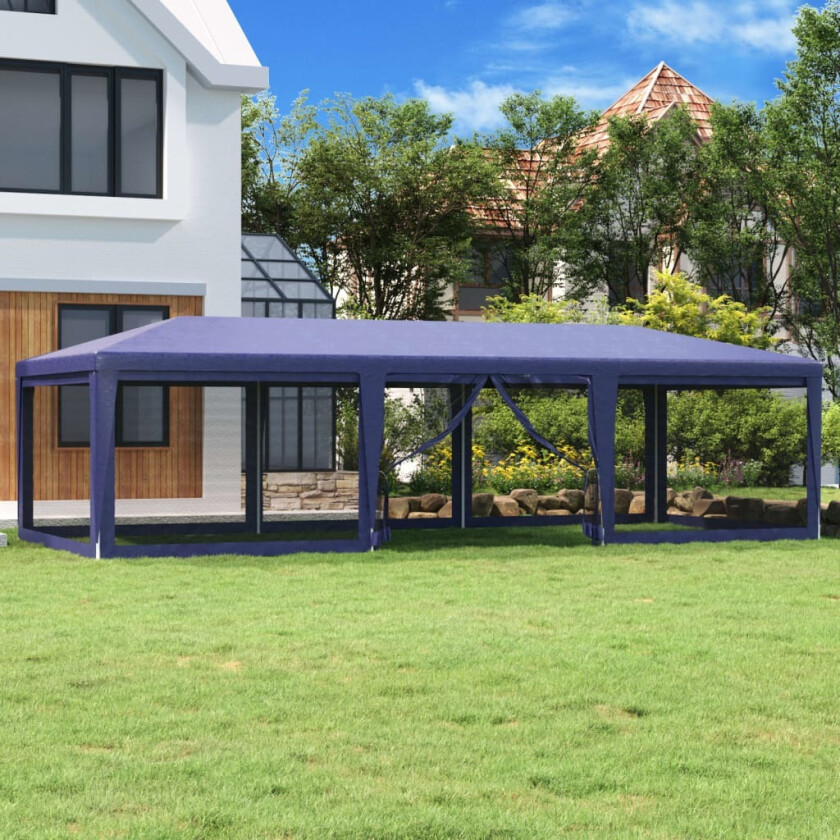 Festtelt med 8 sidevegger av netting blå 9x4 m HDPE